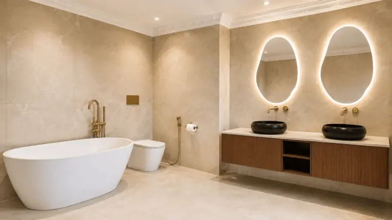 Bathroom renovation — freestanding bath, double vanity with backlit oval mirrors and brushed brass tapware