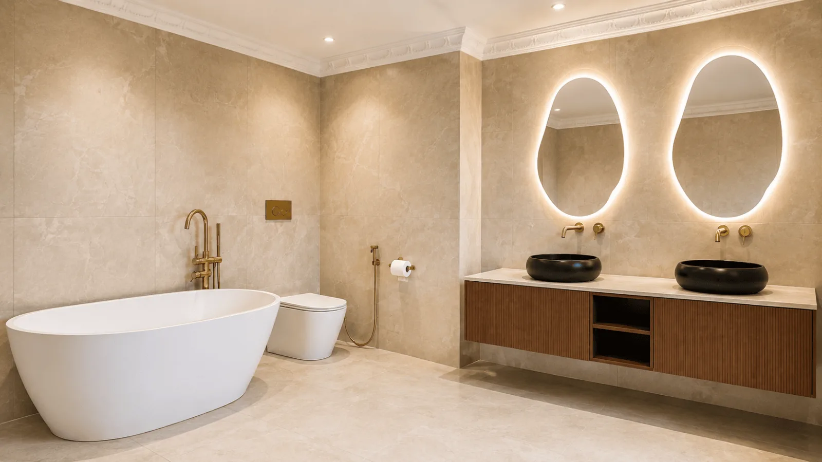 Bathroom renovation — freestanding bath, double vanity with backlit oval mirrors and brushed brass tapware