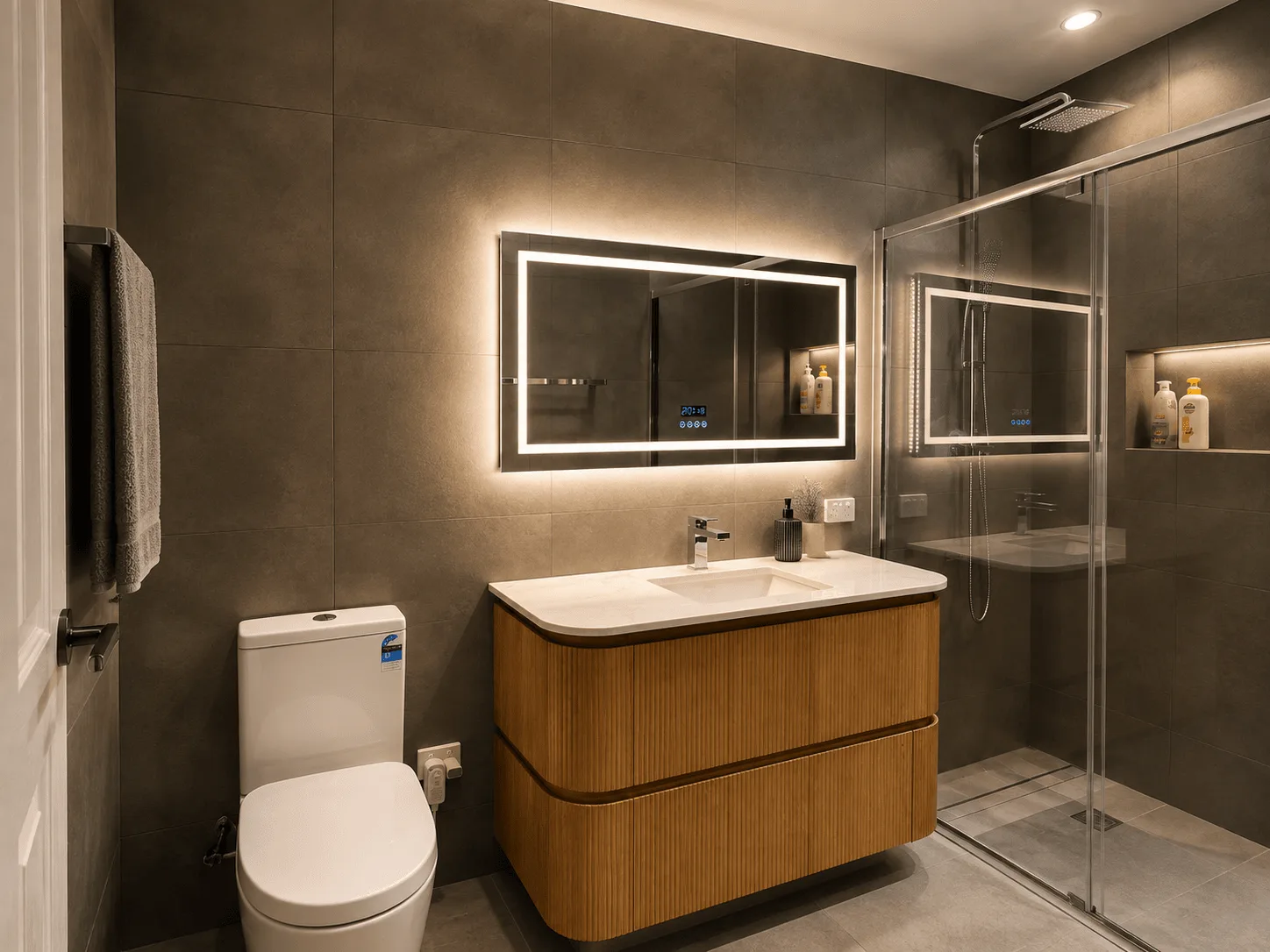 Bathroom renovation — charcoal tiling, backlit LED mirror, fluted timber vanity and walk-in shower