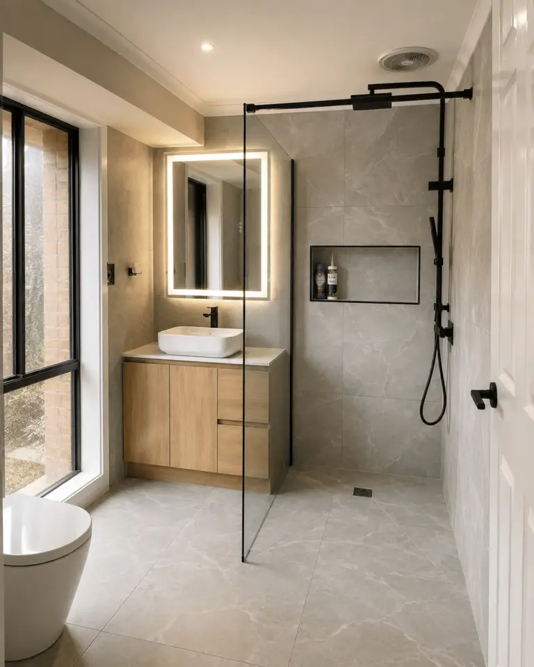 Bathroom renovation — walk-in shower with frameless screen, stone-look tiling and matte black tapware