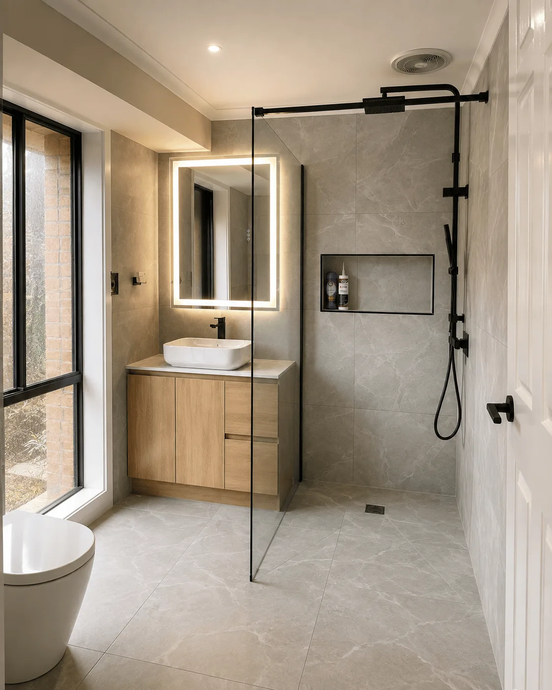 Bathroom renovation — walk-in shower with frameless screen, stone-look tiling and matte black tapware