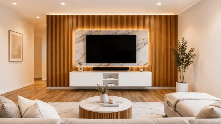 Living room renovation — timber slat feature wall with backlit stone panel and floating cabinetry